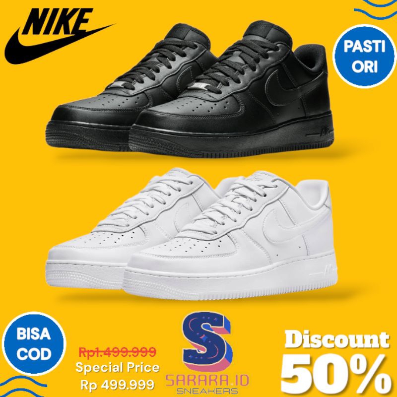 Sepatu Sneakers Nike AF Air Force 1 07 Low Triple White Putih / Triple Black Hitam Pria Wanita 100% 
