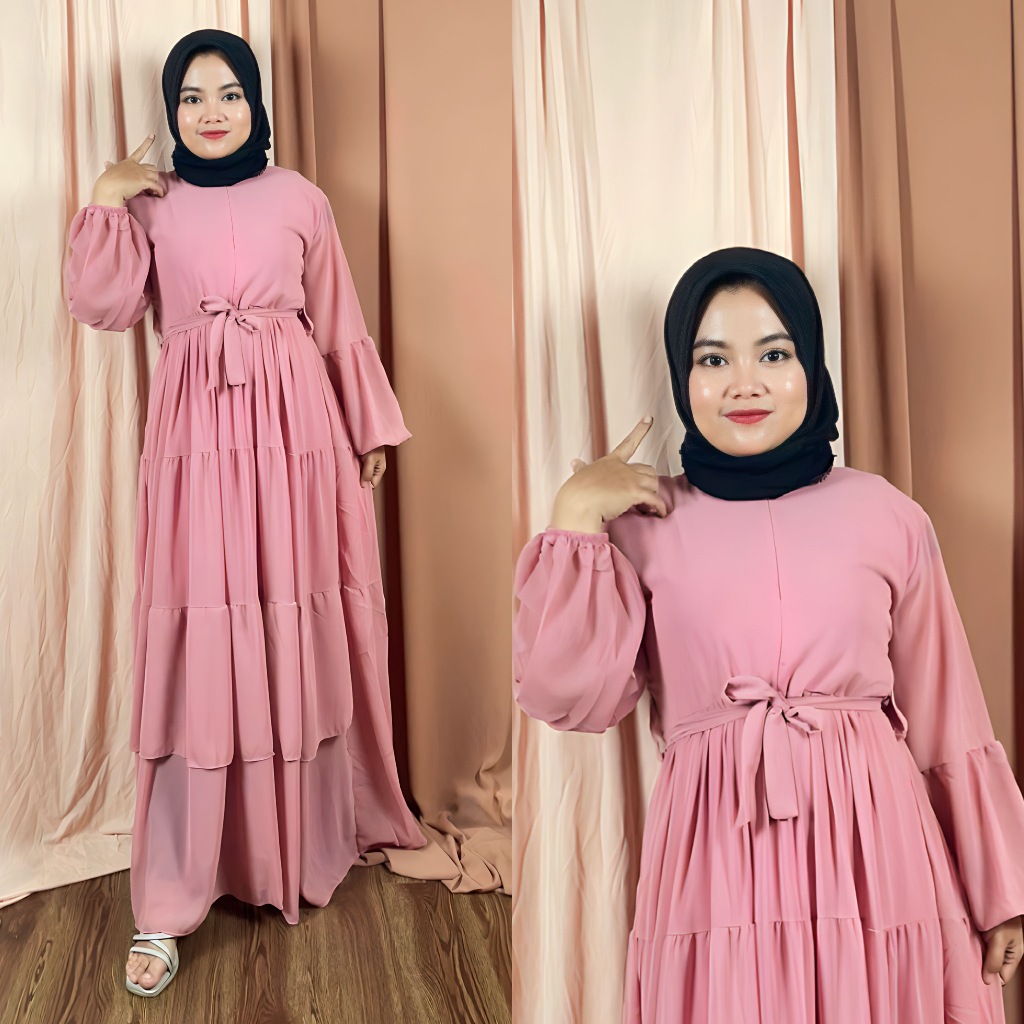 Ivana Dress Gamis Mewah Polos Ceruty Babydoll Elegan Tali Pinggang Big Size