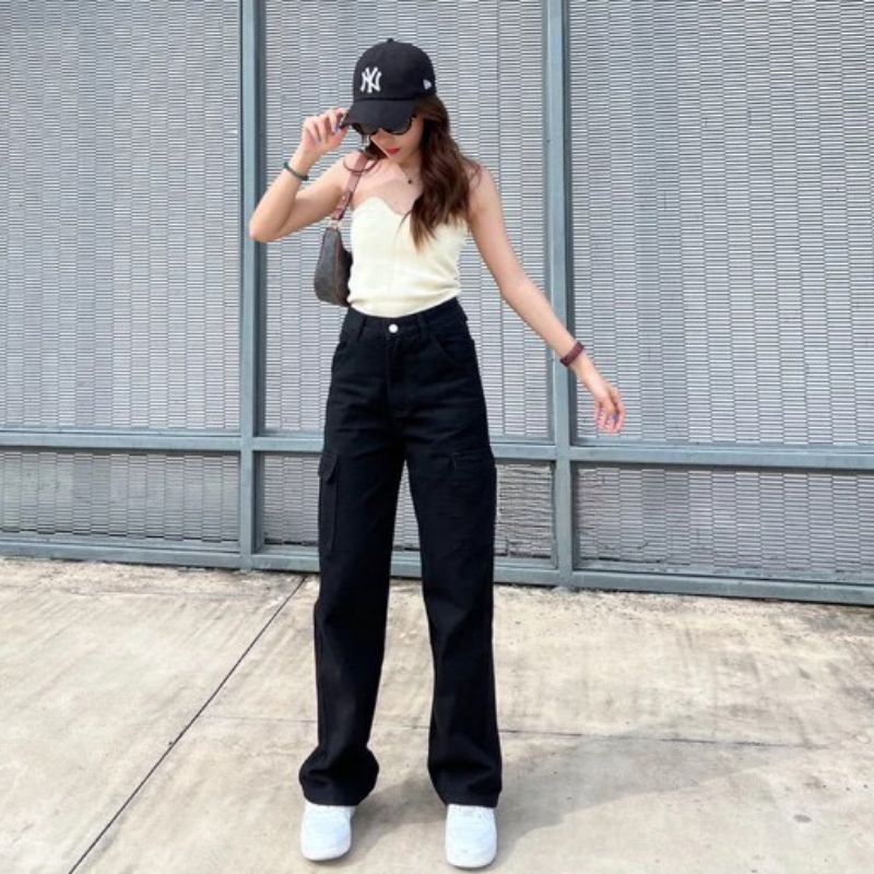 High Waist Cargo Jeans Hitam Korean Style