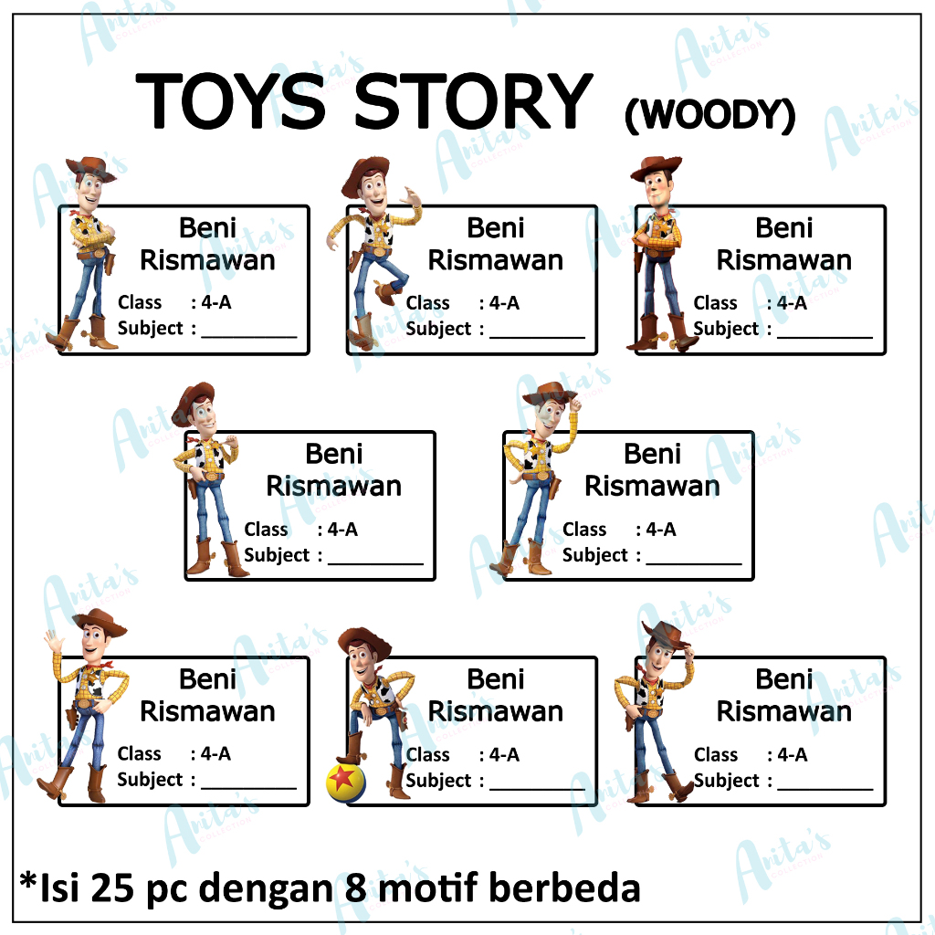 

25pc STIKER NAMA BUKU PELAJARAN ANAK SEKOLAH tema TOYS STORY - WOODY | size S / 5x3 cm | CUSTOM