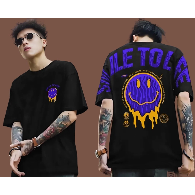 Baju Kaos Tshirt Distro Pria Lengan Pendek Terbaru Motif Smile To Life Hitam Sablon Bergambar Kata K
