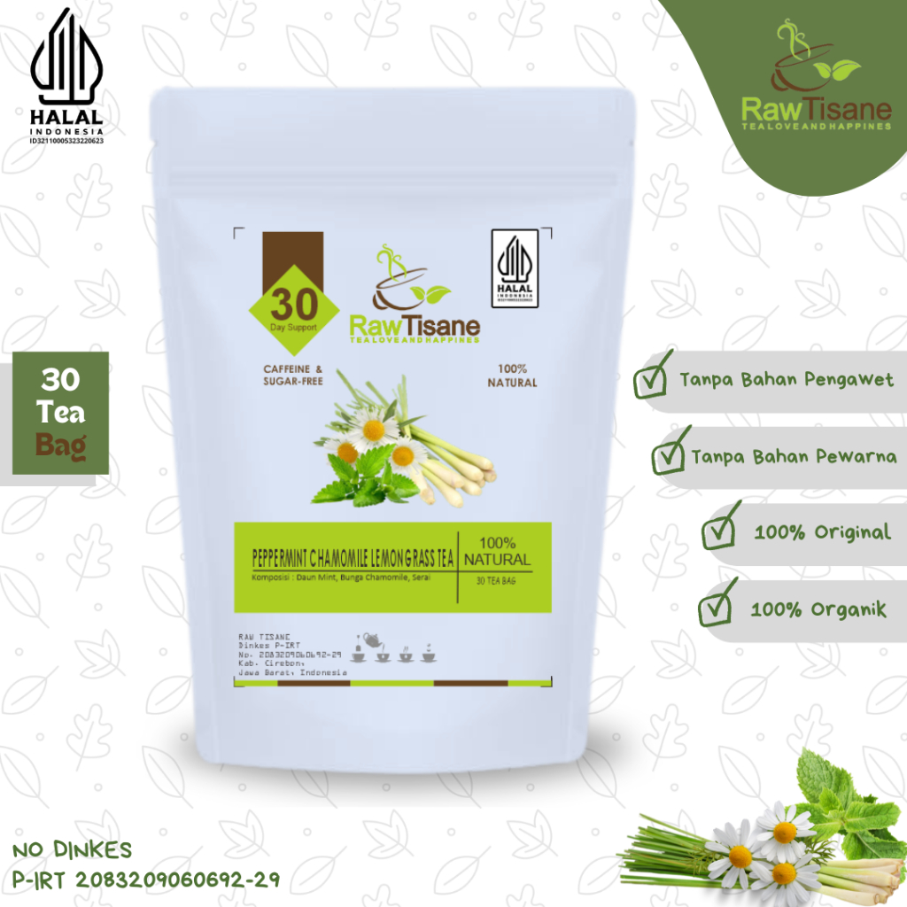 

RAW TISANE Peppermint Chamomile Lemongrass Tea : Teh Celup Bunga Chamomile, Daun Mint & Serai Isi 30 Tea Bag