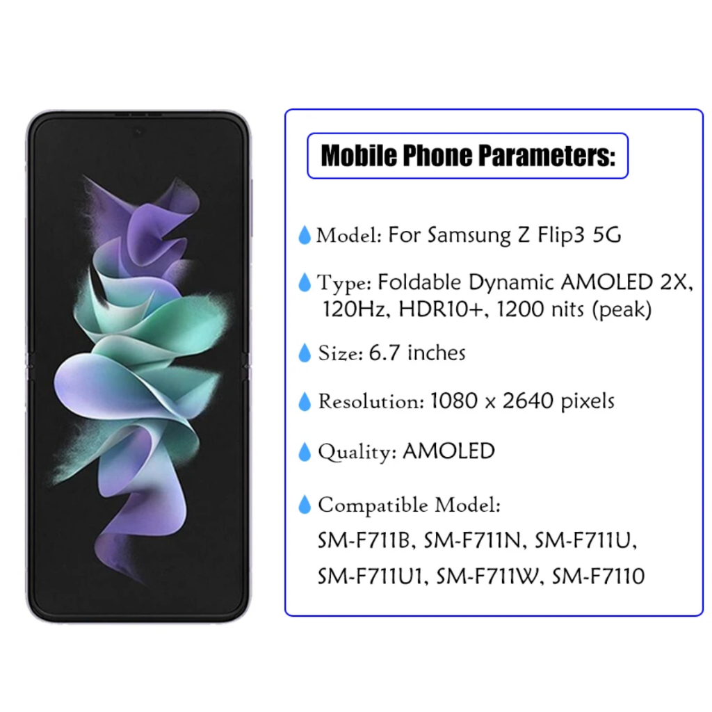 6.7 inch AMOLED LCD For Samsung Z Flip 3 F7110 LCD Display Touch Screen For Samsung Z Flip3 5G LCD F