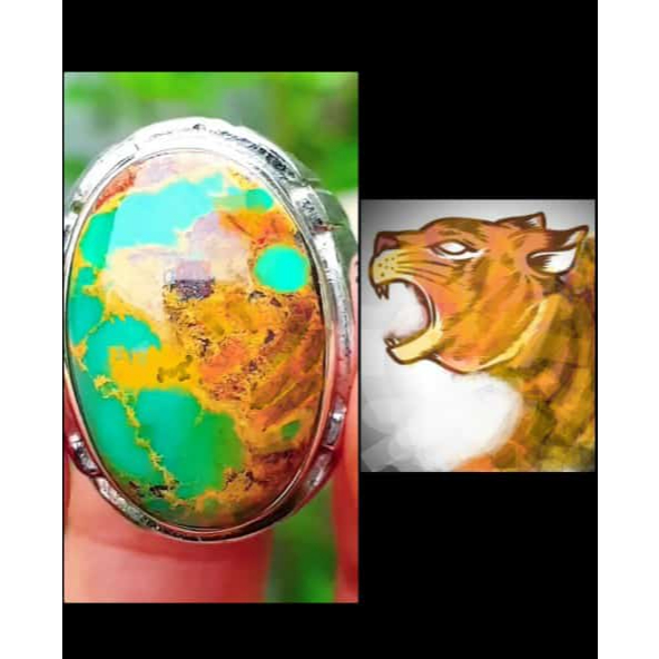 Batu Pirus Persia Hijau Motif Kepala Harimau Mengaum Bkn Bacan Pandan Garut Yaman