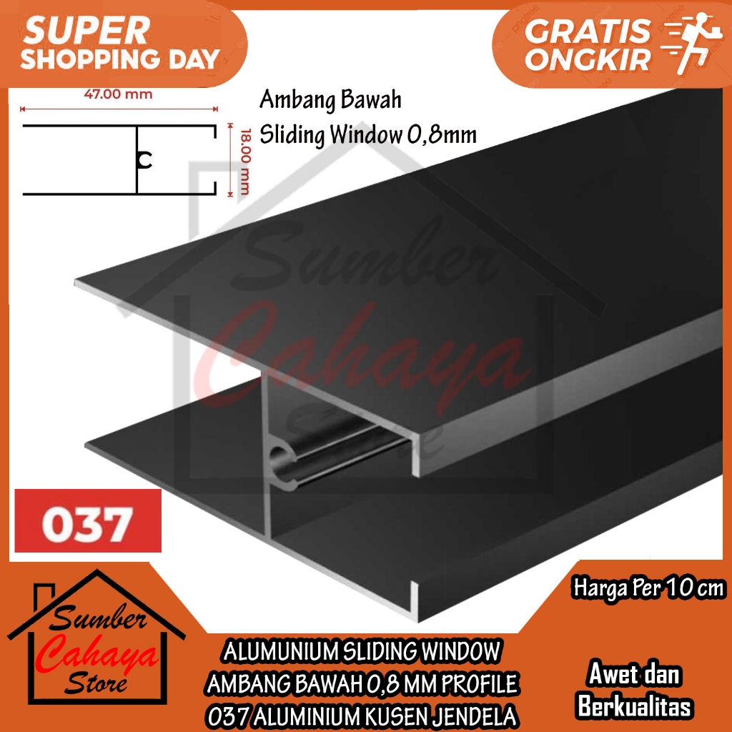 Alumunium aluminium Ambang Bawah Profile 037 Sliding Window PER 10 CM JENDELA BATANGAN LONJORAN SLED