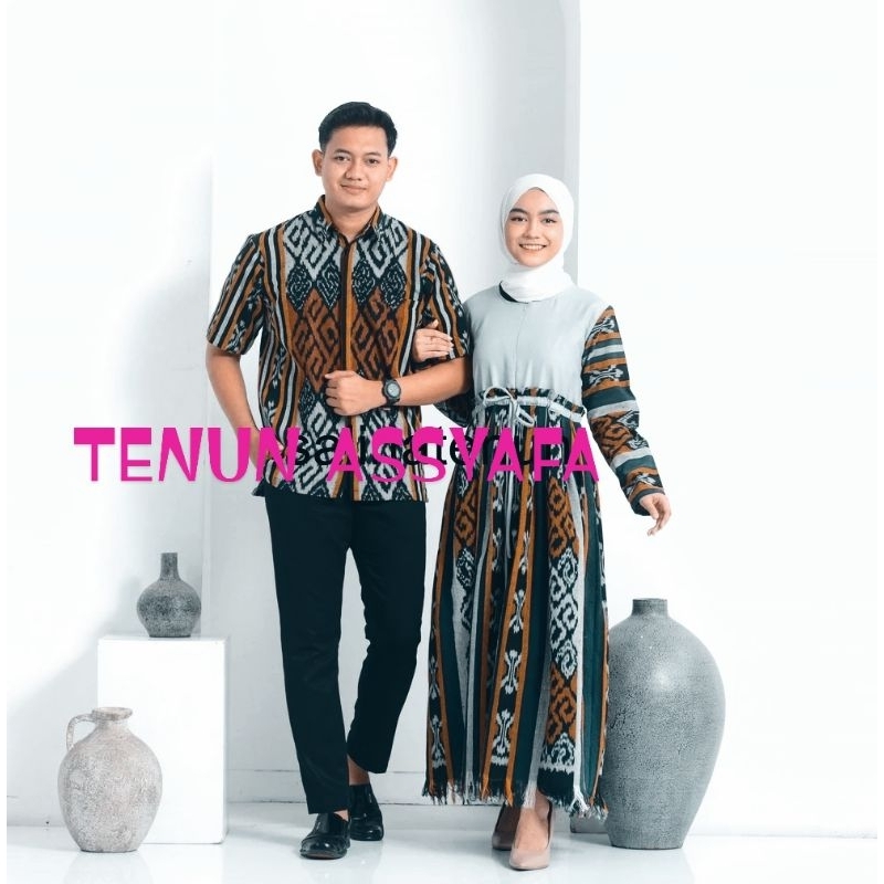 BAJU SET COUPLE TENUN INARA NAVY PUTIH, GAMIS KONDANGAN, GAMIS TENUN TOYOBO, GAMIS PESTA, KEMEJA TEN