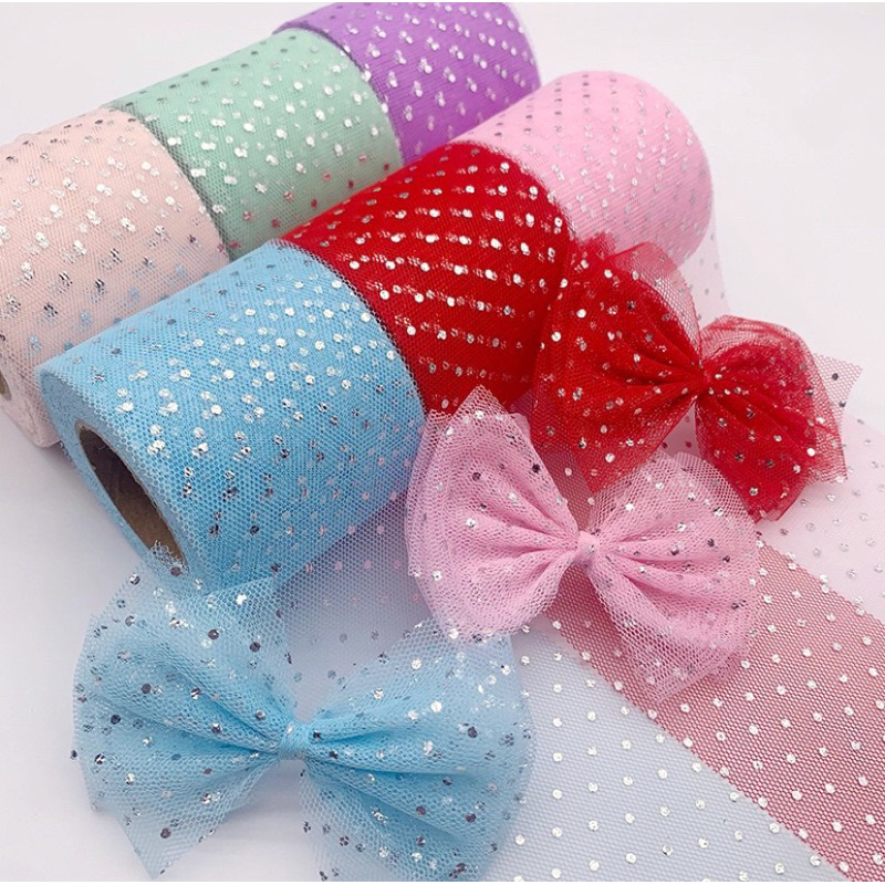 

ROLL (25yards) ribbon pita 6cm tile tulle dengan bintang emas gold mesh star lace pita kain DIY craft wrapping polka dot silver