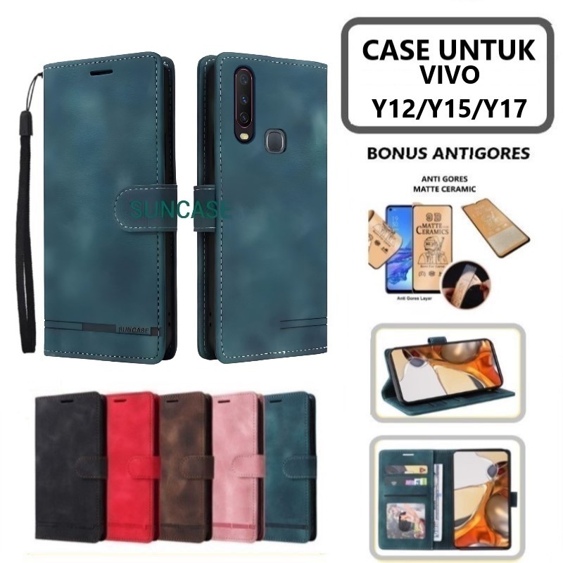 Casing hp VIVO Y12 Y15 Y17 model flip dompet softcase premium ada tali dan dapat anti gores