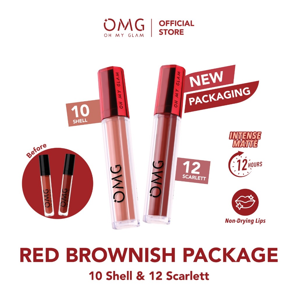 OMG OH MY GLAM Mattelast Lip Cream Red Brownish Package - 10 Shell & 12 Scarlett (Lip Cream Matte De