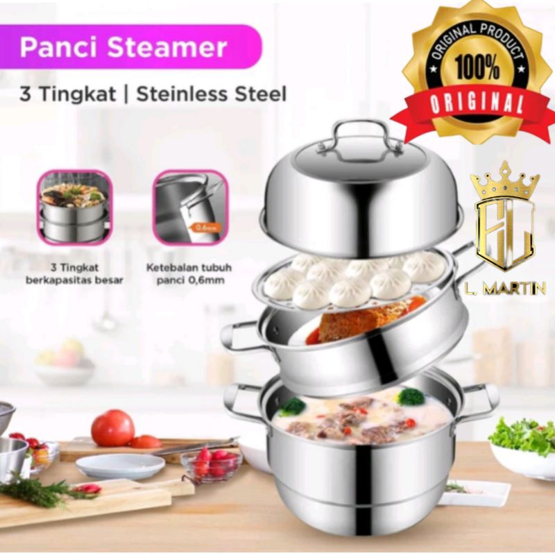Panci Kukus Set 3 Susun SQRS / Panci 3 Susun / Panci Dandang Kukus Stainless stell / Panci Steamer S