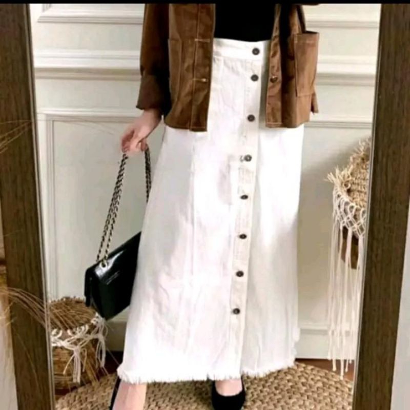 Rok Jeans Panjang Gisca Aplikasi Kancing Rok Jeans Panjang Wanita Rok Jeans Rawis Terbaru