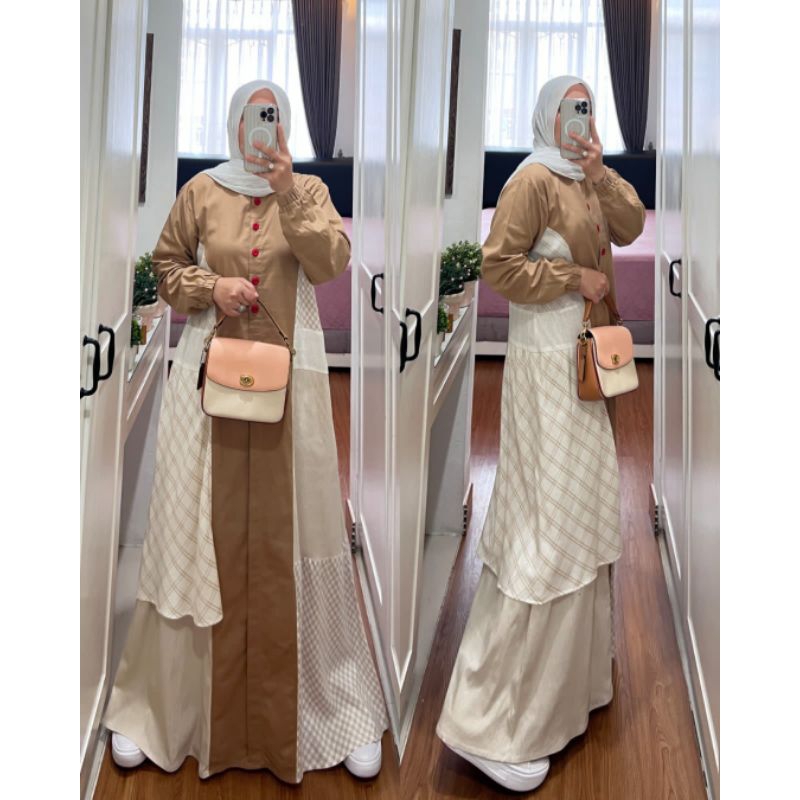 Dress Gamis Katun Sayna SEMUT Original Mix Bordir Renda Bolong Rempel Bawah Wudu Friendly