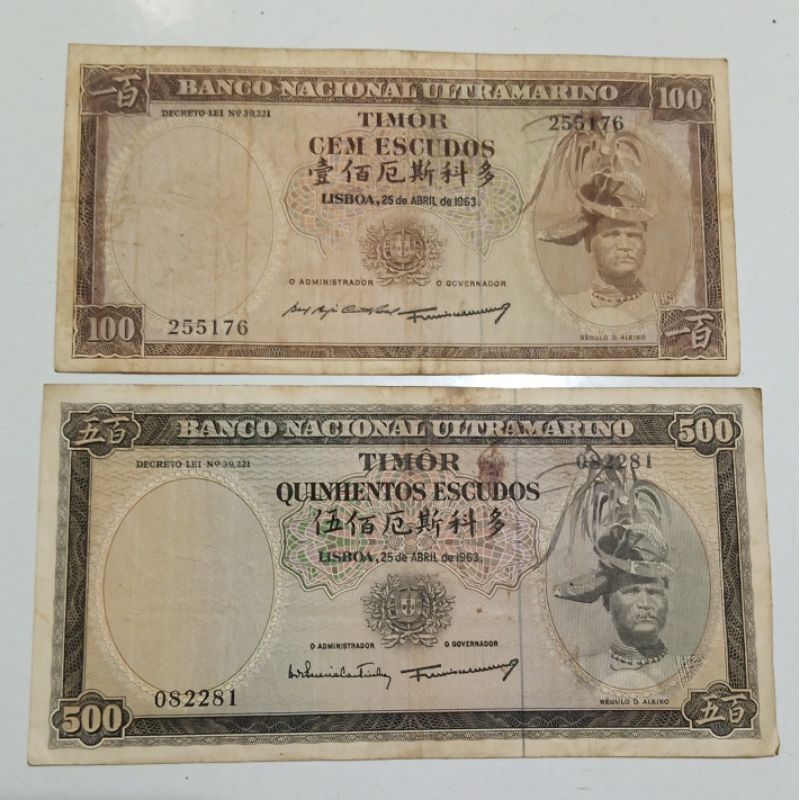 Kertas Uang Timor Portugis 500,100,50 & 20 Escudos VF