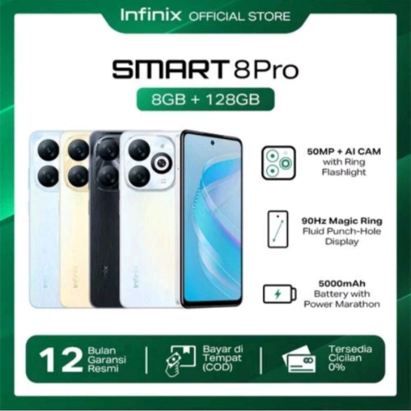 Infinix Smart 8 Pro 8/128GB- Up to 16GB Extended RAM - 6.6" 90Hz Puch Hole Display - Helio G36-5000 mAh