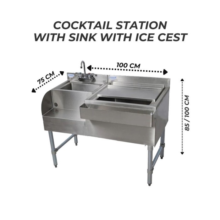 STAINLESS STEEL COCKTAIL STATION WITH SINK WITH ICE CEST  100 X 75 X 85/100 CM (201, 304, COMBY)