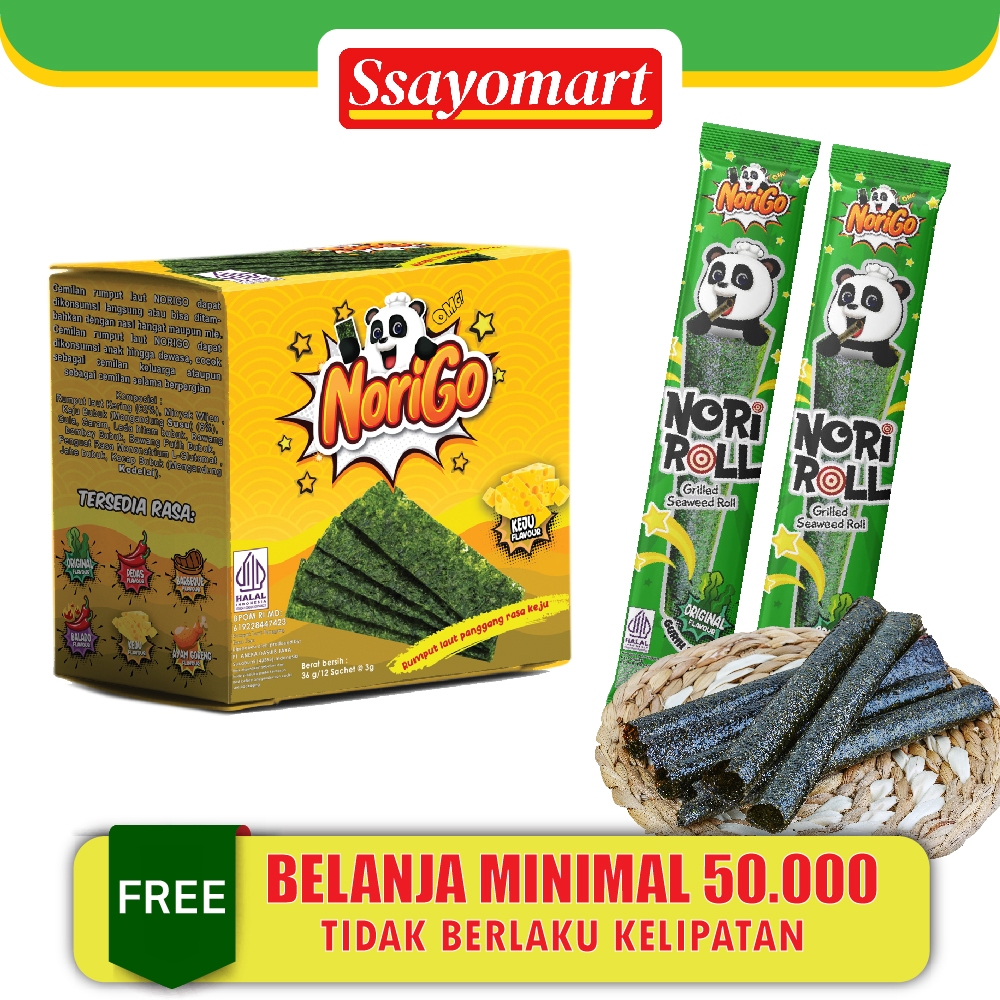 

Norigo (1 BOX ISI 12 PCS) / Nori Sachet Keju Seaweed Snack 3g Rumput Laut Halal Rasa Keju