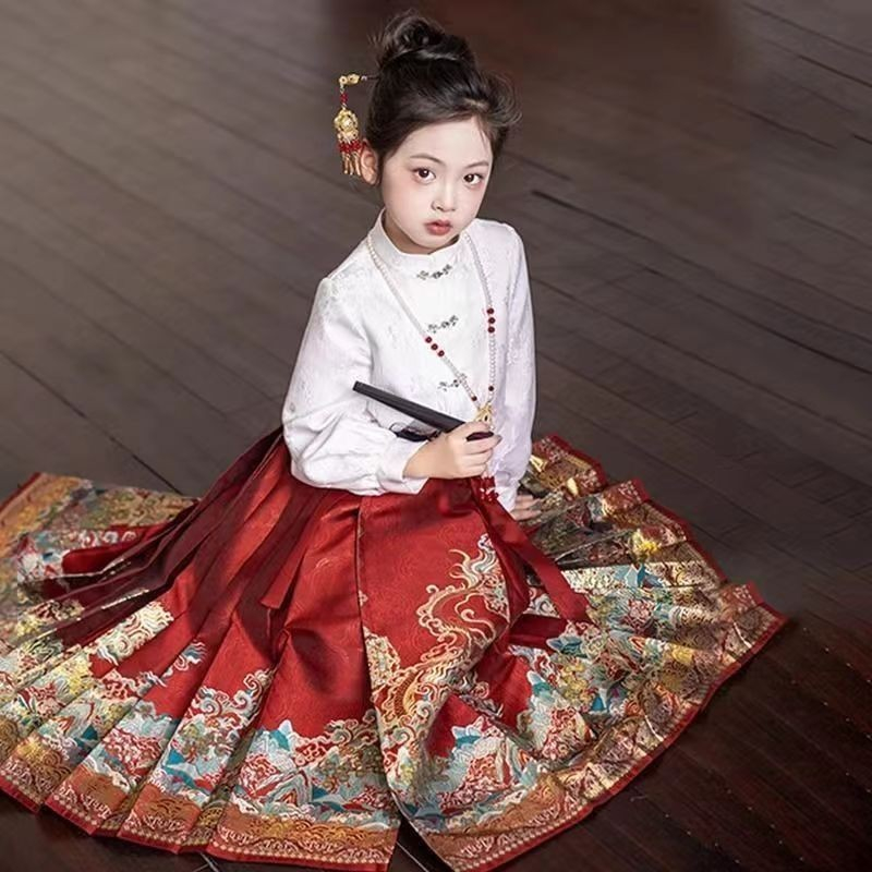 Pakaian Anak Perempuan Gaun Putri Populer Merah Emas Tenun Kostum Tang Baru Anak-anak Tiongkok Musim