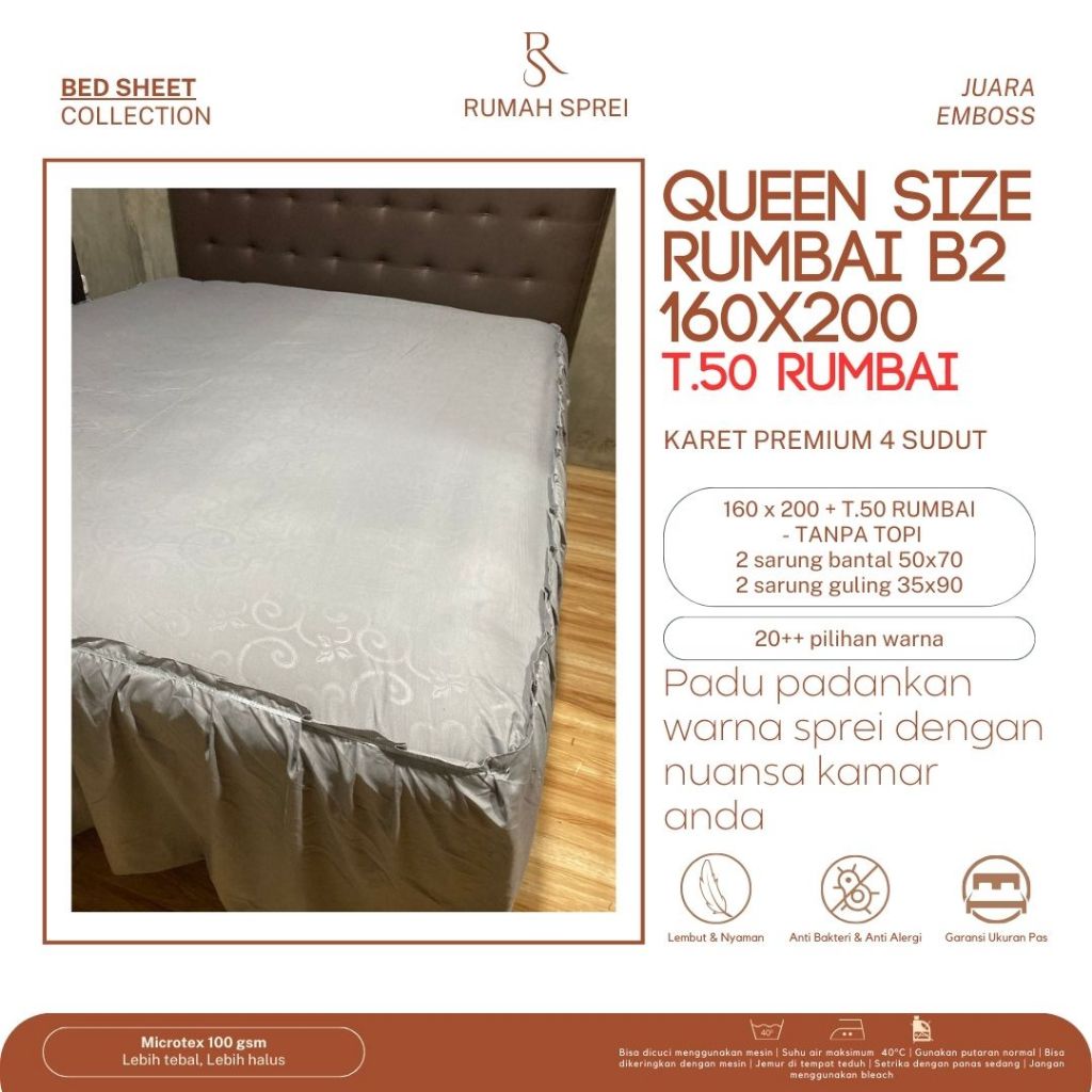 Sprei Set Rumbai Polos Emboss - Queen Size Rumbai - 160 x 200 + Rumbai tinggi 50cm 2bt2glg - JUARA