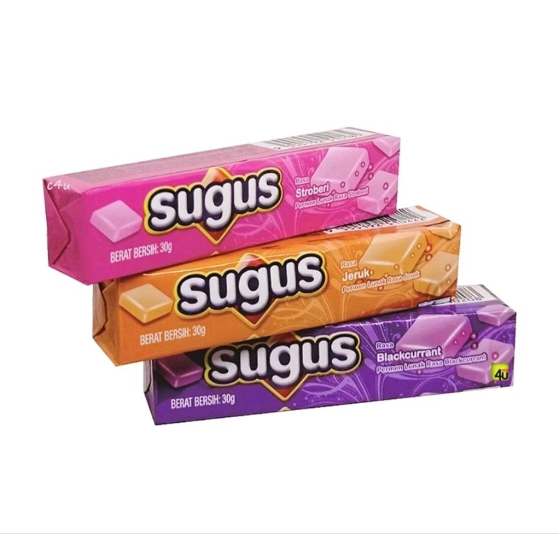 

Permen sugus 30gr rasa stroberi/jeruk/blackcurrant