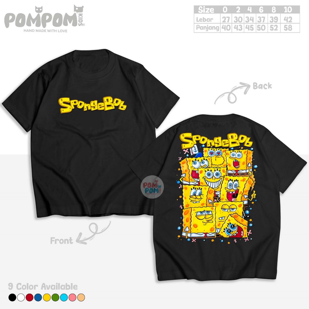 Baju Kaos Anak Spongebob Squarepants Usia 0-11 Tahun Bahan Cotton | Pakaian Atasan Anak Bayi Remaja 