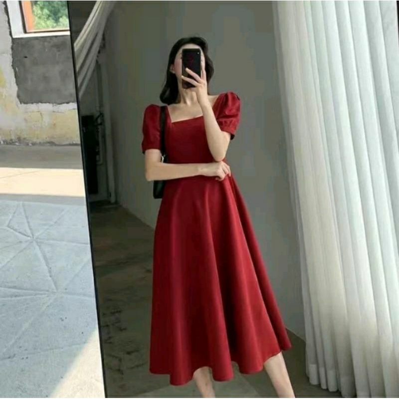 Hanji Dress LD100 PJ100 / Loly Crepe Premium / Midi Dress Wanita Viral Terbaru Dress Imlek  / Baju I
