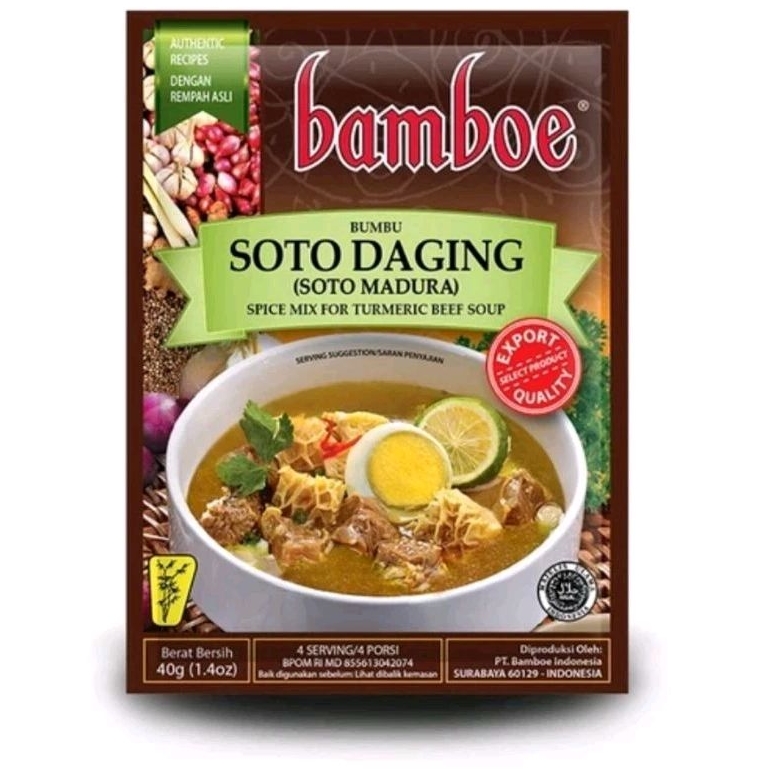 

Bamboe Soto Daging (Soto Madura) | Bumbu Bamboe Soto Madura 40g | Bumbu Instan Soto Daging Soto Madura Merk Bamboe