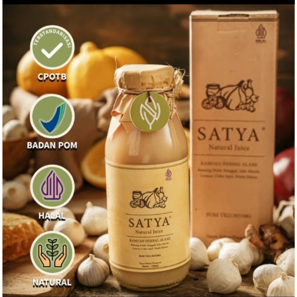 

Satya Natural Juice (Bawang Putih Tunggal, Jahe Merah, Madu Hutan, Cuka Apel, Lemon) Bahan Alami 1 Botol (350ml)