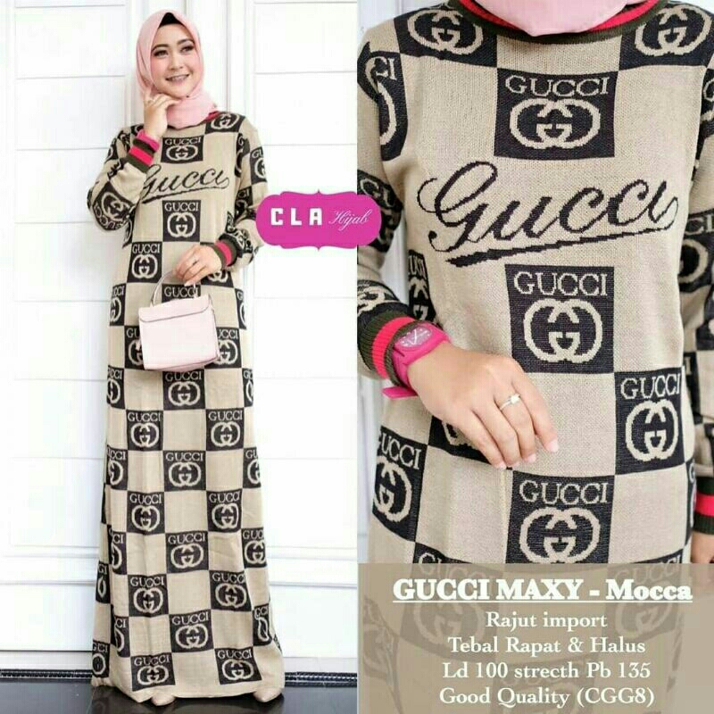 Gucci Rajut Maxy dress warna coklat mocca maxi rajutan import XXL premium murah hijaber hijab fashio
