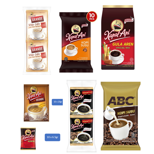 

Kopi Kapal Api Renceng Sachet Isi 10 / ABC Kopi Susu / Kapal Api Special Mix / Kopi Gula Aren / Kopi Susu Gula Aren / White Coffe / Java Latte