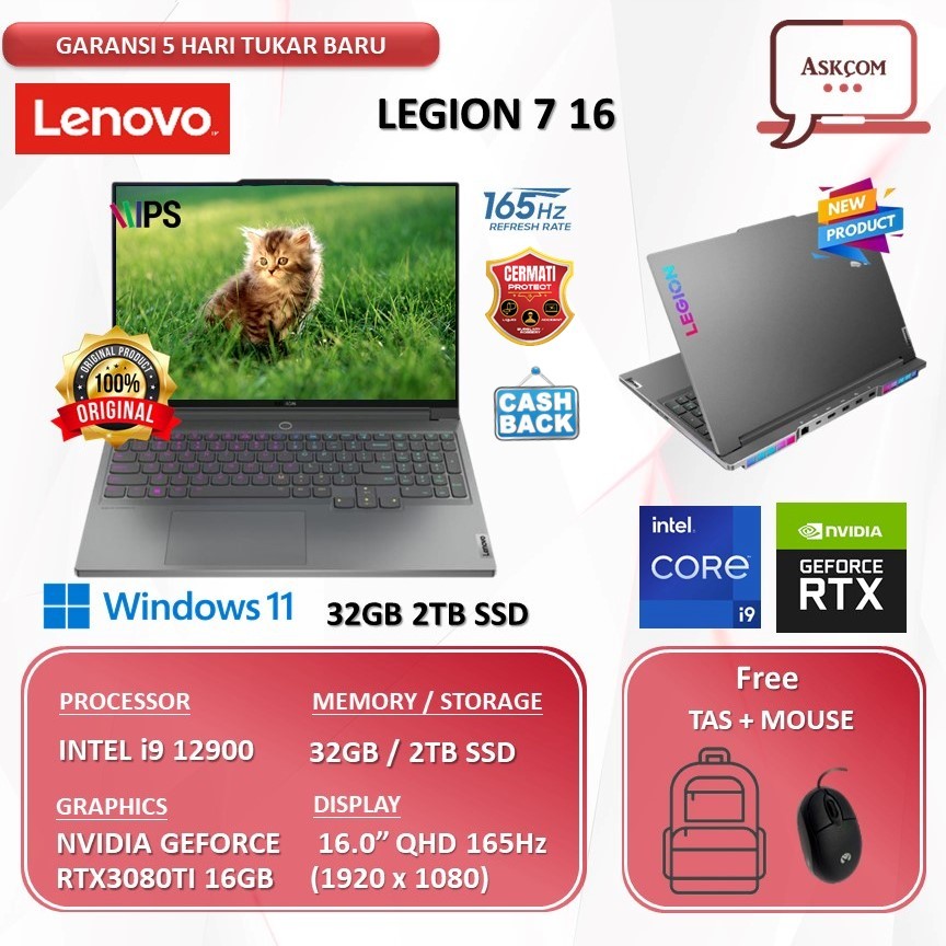 Laptop Gaming Lenovo Legion 7 16 I9 12900 RTX3080TI 16GB | 32GB 1TB SSD W11 16.0QHD IPS 165HZ