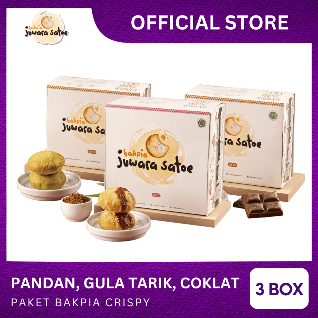 

[ 3 BOX ] PAKET BAKPIA CRISPY (PANDAN, GULA TARIK, COKLAT) - BAKPIA JUWARA SATOE