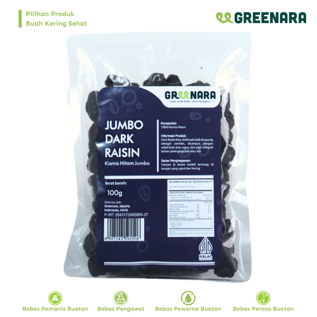 

Greenara - Jumbo Dark Raisin 100 gram / Kismis Hitam Jumbo 100gr