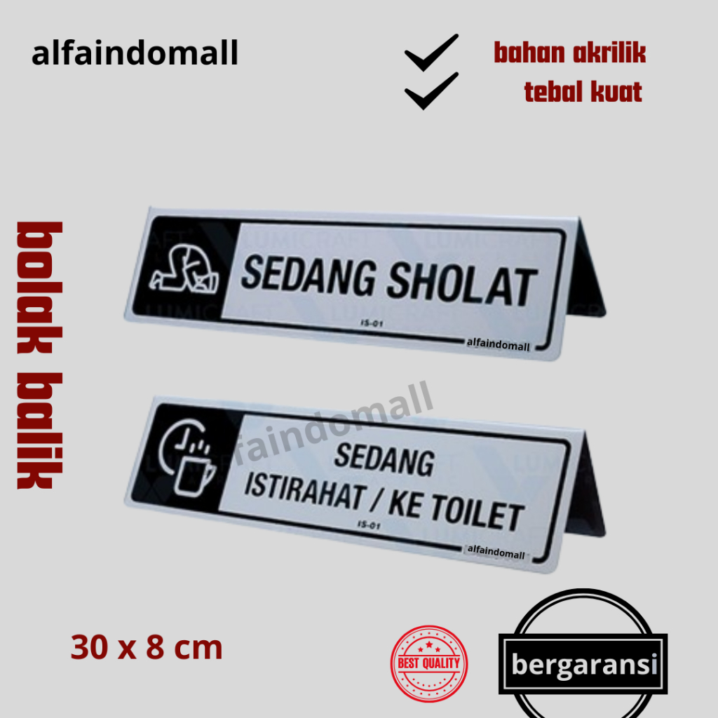 

SIGN Akrilik tulisan Tanda Istirahat dan Sedang Sholat Peringatan Papan meja sign board Petunjuk Gantungan Toko Model bolak-balik vintage murah elegan Acrylic 30 x 8 cm