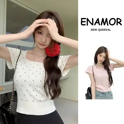 Enamor Retro sederhana polkadot polkadot persegi leher lengan pendek sweater rajut wanita model pend