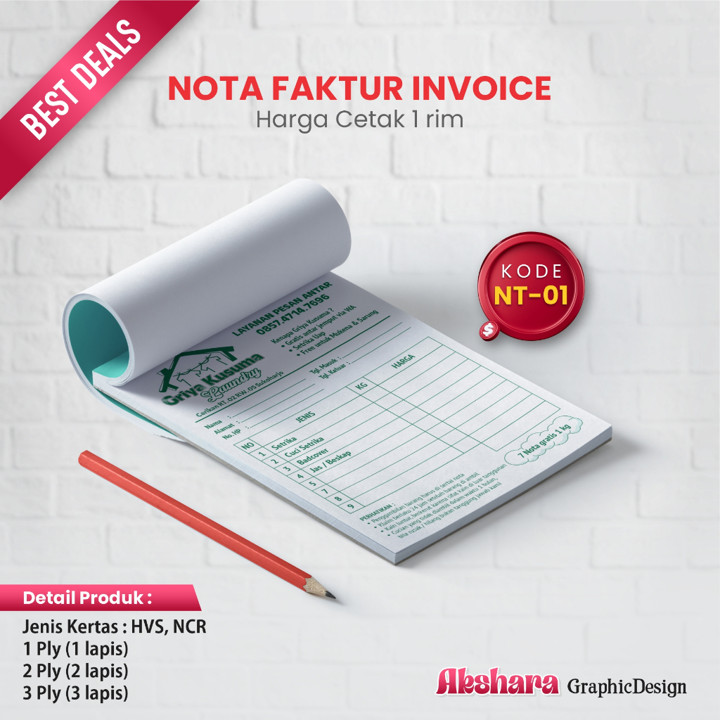 Cetak Nota Custom Kertas HVS / NCR 1 Ply | 2 Ply | 3 Ply Minimal 1 rim