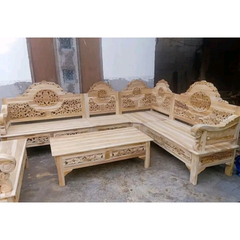 kursi tamu sudut ukiran Jepara full kayu Jati mentahan kursi sudut ukiran kursi pojok Jati