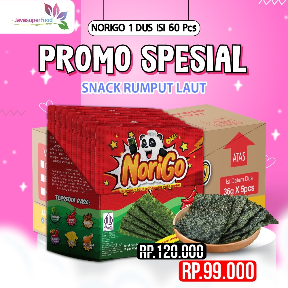 

[Halal] (BELI 1 DUS FREE 10 PCS) Norigo Nori Spicy Sachet Seaweed Snack 3g Rumput Laut Halal Rasa Pedas