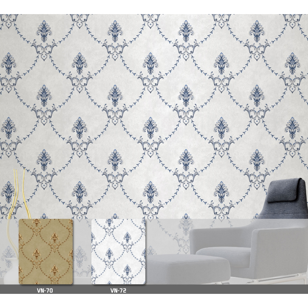 Wallpaper Dinding Wallpaper Vinyl Motif Klasik Biru Ukuran 53 cm x 10 m