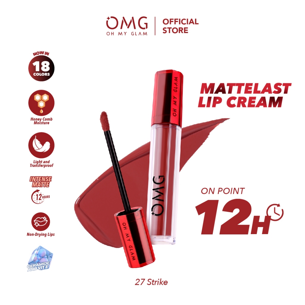 OMG OH MY GLAM Mattelast Lip Cream 27 Strike 2.9 g  - Lip Cream Matte Dengan Warna Intense, Tahan La