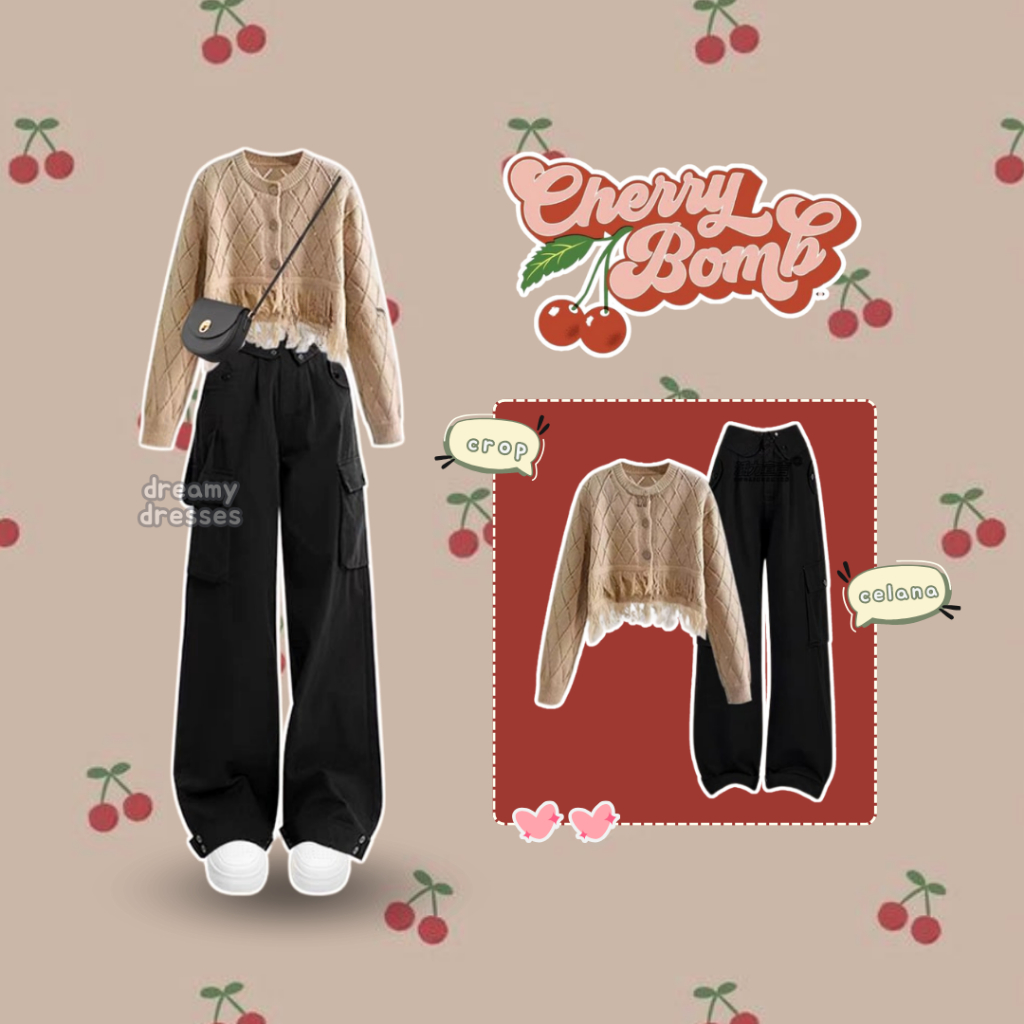 ONE SET 157 - (Sweater, Celana Cargo) Setelan Wanita Kulot Cargo Hornet Knit Premium - Loose Pants H