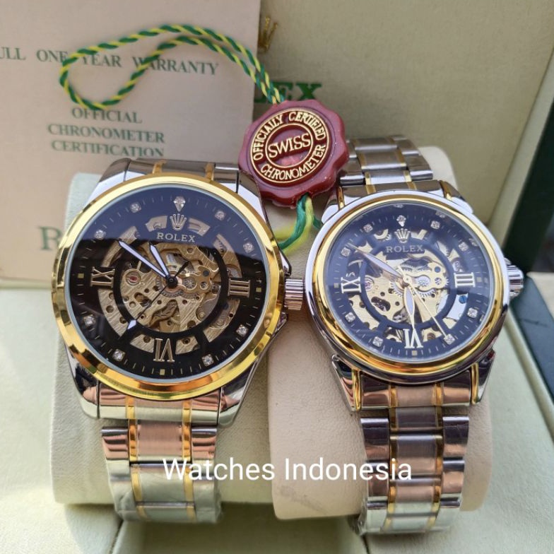 Bisa Cod Jam Tangan Couple Rolex Automatic Skelaton Rolex Otomatis Transparan Romawi l TB5