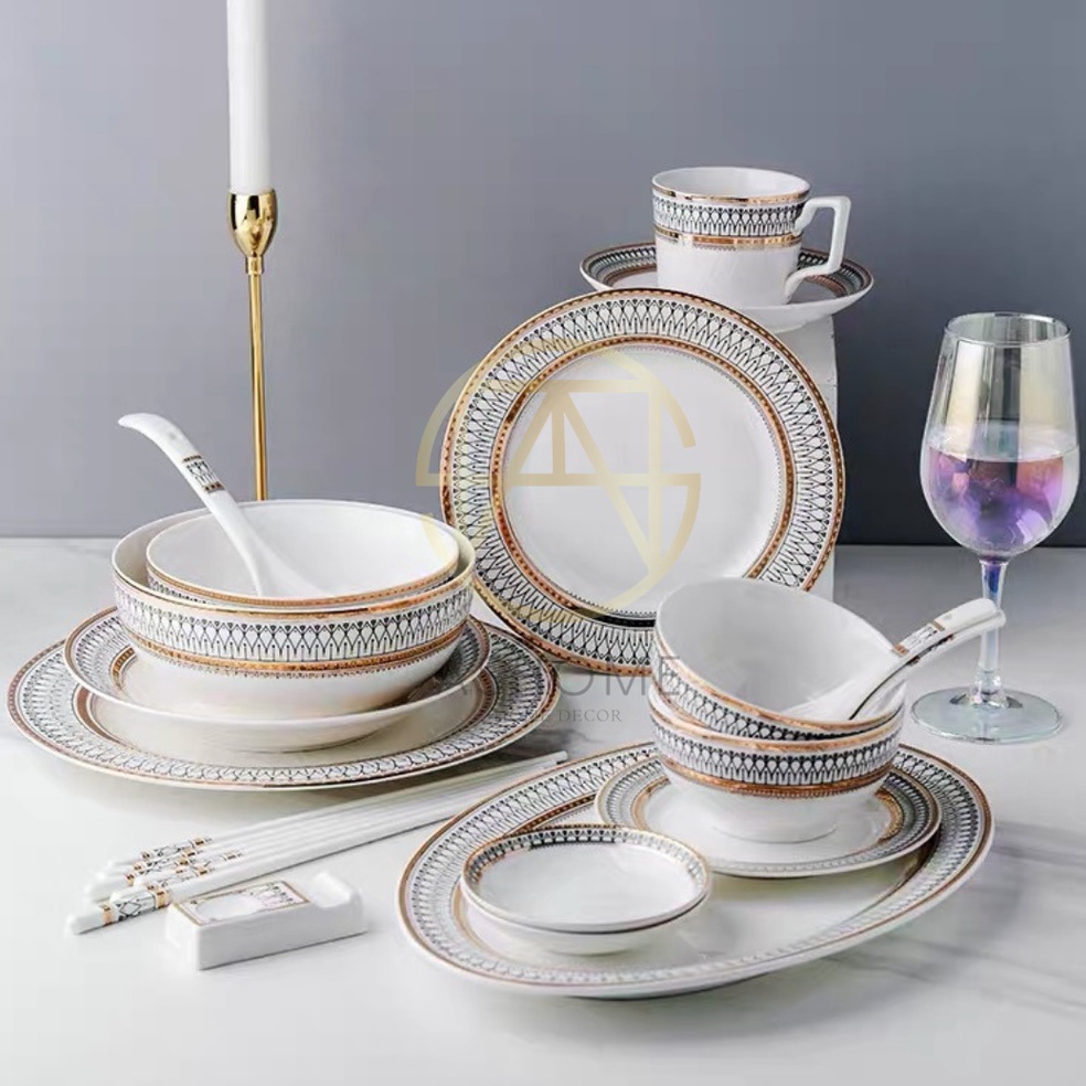 Tren Terbaru ASHOME Piring Makan Keramik Putih List Gold Motif Eropa  Piring Putih Keramik List Gold