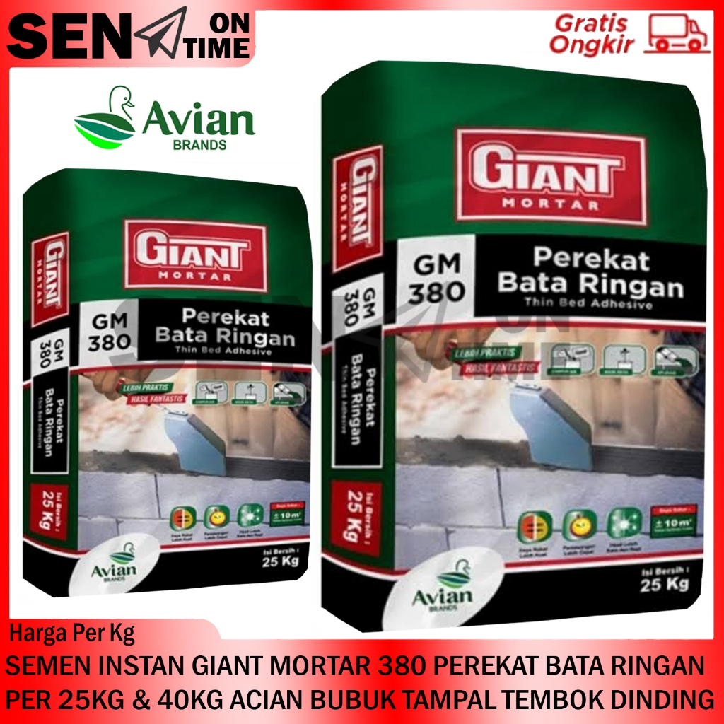 SEMEN INSTAN GIANT MORTAR 380 PEREKAT BATA RINGAN PER 25KG &amp; 40KG ACIAN BUBUK TAMPAL TEMBOK DINDING TUTUP LUBANG RETAK PLAMUR PELAMUR WALL PUTTY SKIM COAT  ACI AN LEM LIM HEBEL TAMBAL LOBANG 25 KILO 40 KILOGRAM BERKUALITAS