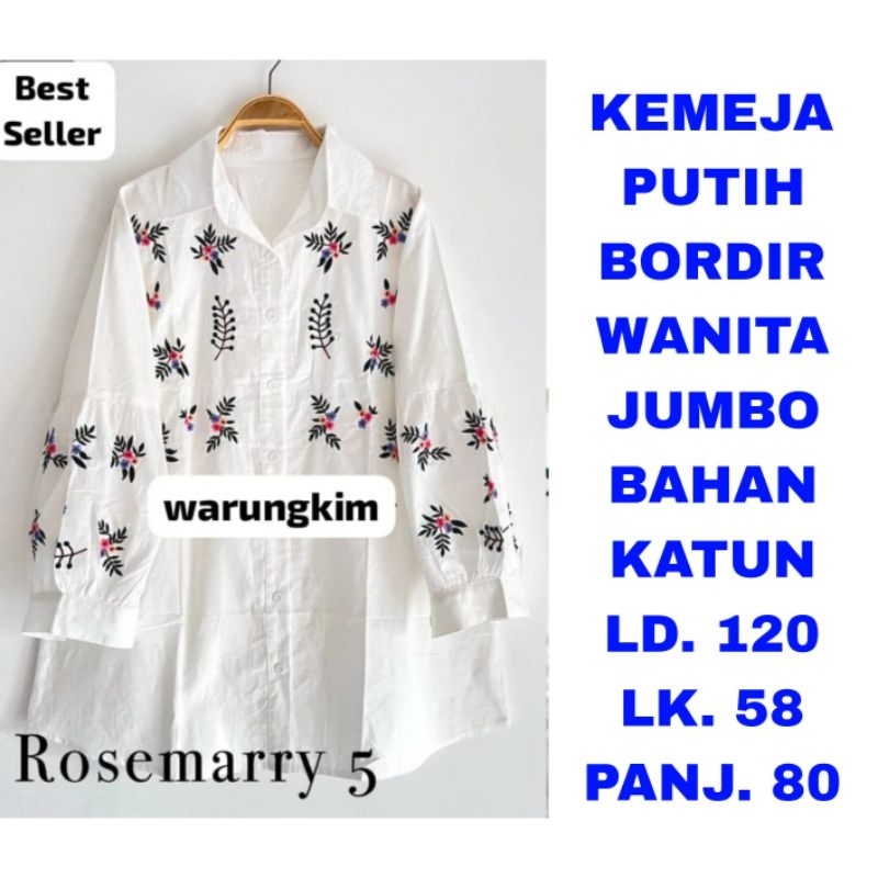 WK KEMEJA PUTIH BORDIR WANITA JUMBO LD. 120 BAJU ATASAN LENGAN PANJANG
