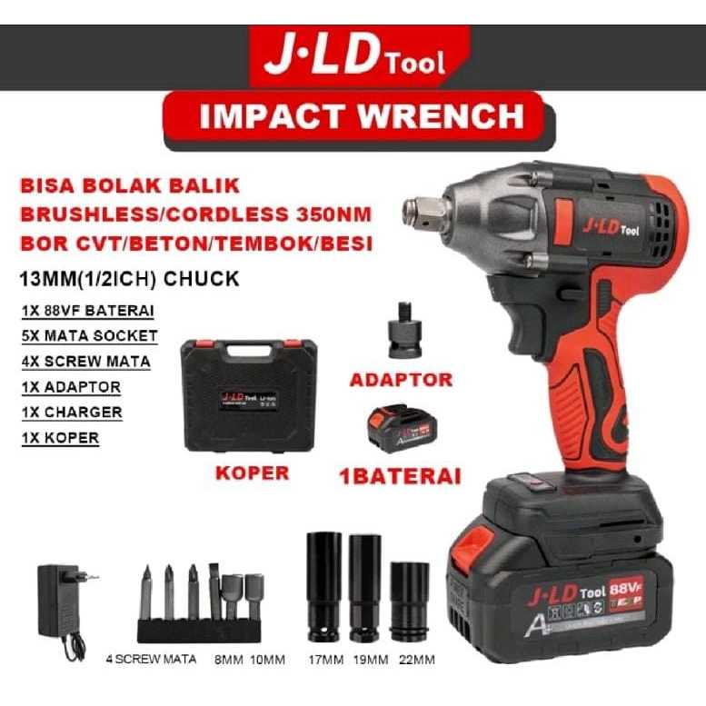 JLD MERAH IMPACT WRENCH CORDLESS TOOL 48V 1 BATERAI MESIN PEMBUKA BAUT