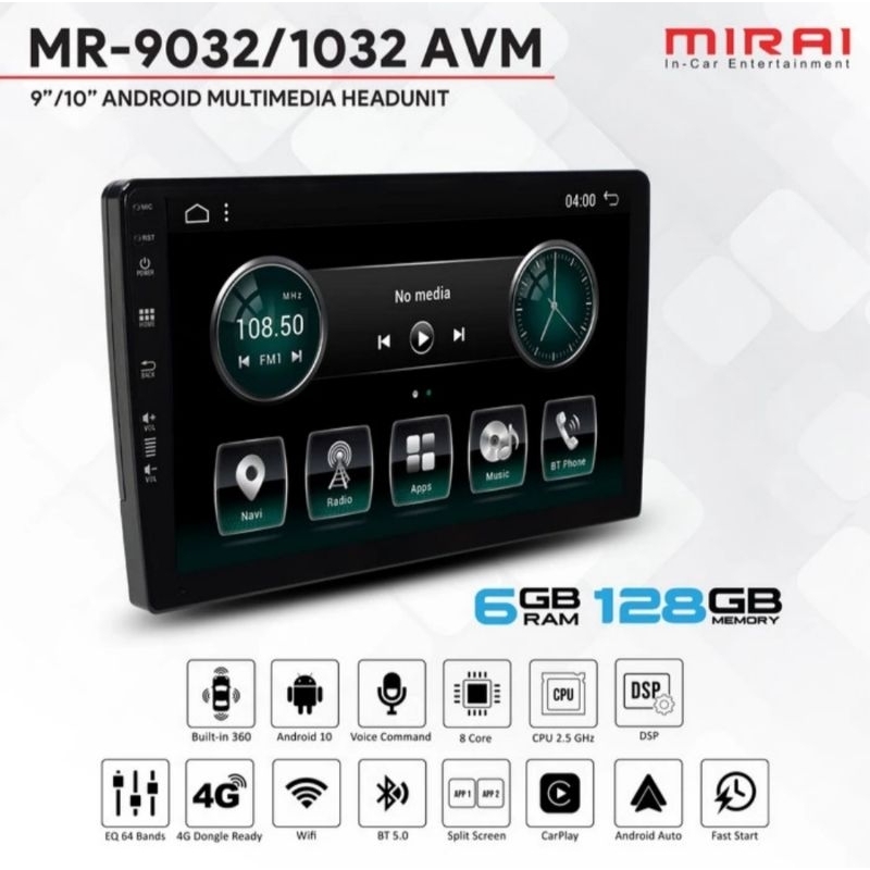 Headunit android 9 inch mirai mr 9032 avm 6/128 non 360