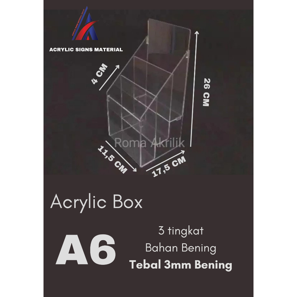 

TEMPAT BROSUR A6 3 SUSUN / AKRILIK RAK BROSUR A6 3 LAYER TERLARIS 3MM