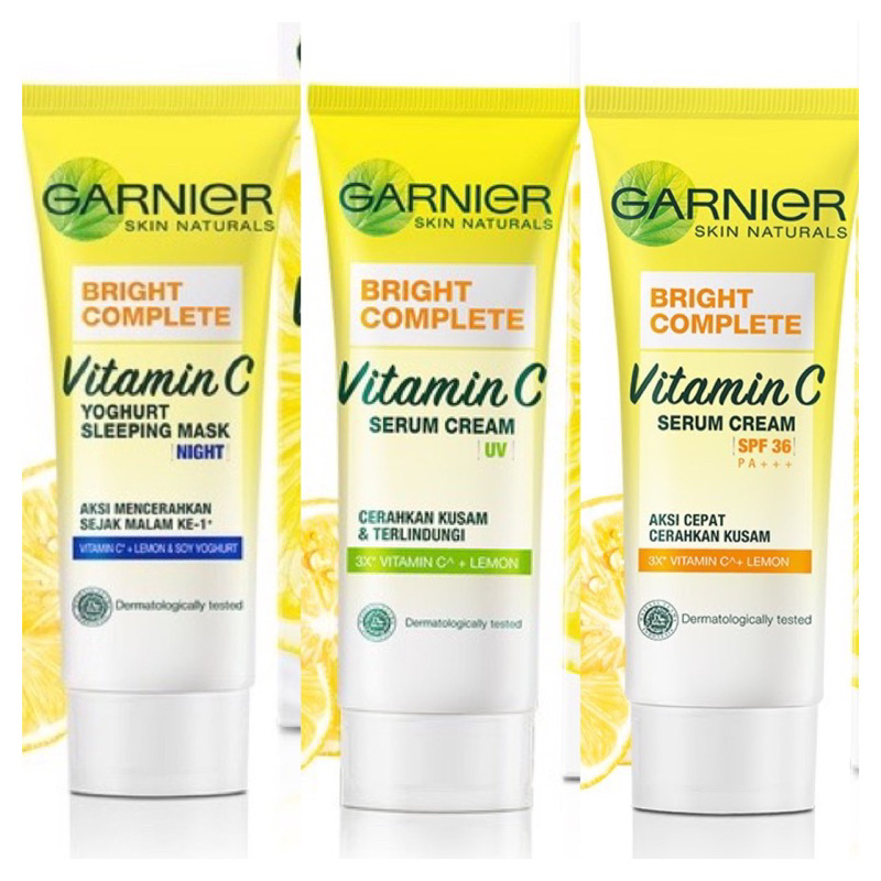 GARNIER Bright Complete Vitamin C Serum Cream UV | Garnier Krim siang malam | Garnier Bright Complete Yoguhrt Sleeping Mask 20g