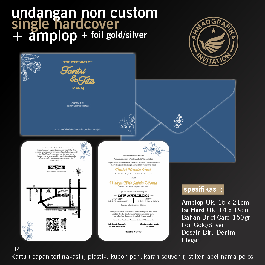 Undangan Single Hardcover | Plus Amplop | Hotprint Gold | Biru Denim | Non Custom