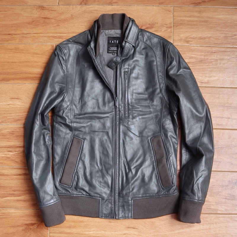 Jaket kulit asli abu abu bomber slim biker rider varsity leather jacket Pl bekas preloved second